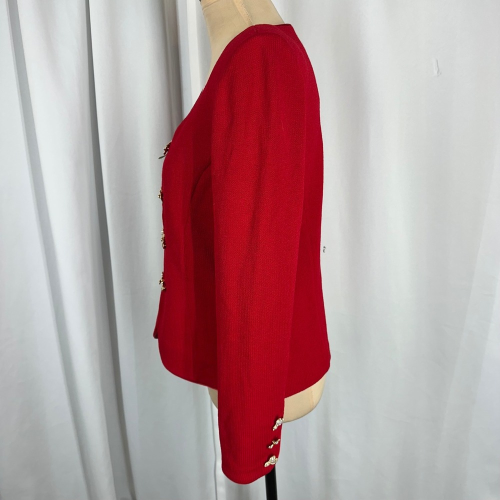 St. John Evening Red Santana Knit Jacket Gold Jeweled Hook Closures Sz 2 (S) - Picture 3 of 12